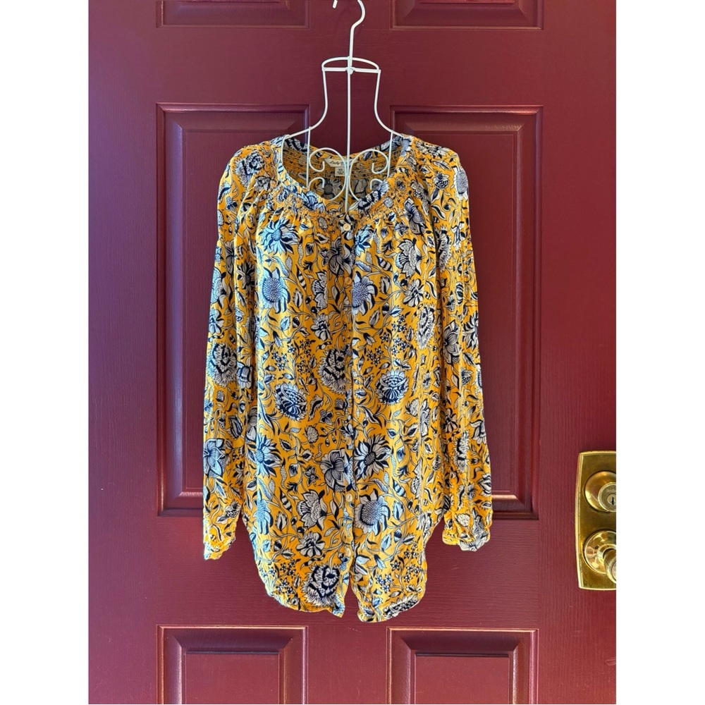 Lucky Brand Jemma Yellow and Blue Long Sleeve Blouse